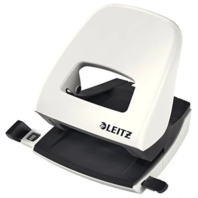 Abbildung von Leitz Büro Locher aus Metall, Für 30 Blatt, Anschlagschiene mit Formatvorgaben, Ergonomisches Design, Weiß, WOW Serie, 50081001