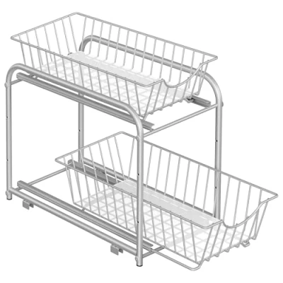 Abbildung von SONGMICS Küchenschrank Organizer, 2er Set, Küchenregal, Ordnungssystem, 2 Ebenen, stapelbar, erweiterbar, mit Metallkörben, für Küche, metallisches Silber KCS017E02