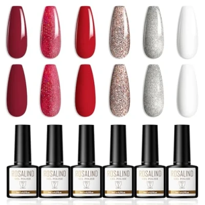 Abbildung von ROSALIND Gel Nagellac Rot Silbrig Glitzer Golden UV Nagellack 6 Farben Shellac Gellack Soak Off UV/LED Nail Polish Geeignet für Heimnagel DIY, Nagelstudio, 8ml