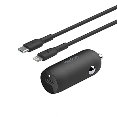 Abbildung von Belkin Boost↑Charge™ 30 W Kfz Schnellladegerät, kompaktes Modell mit USB C Power Delivery Anschluss, inklusive C/Lightning Kabel, kompatibel der iPhone 14 Serie, iPad und mehr Schwarz