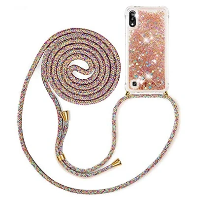 Abbildung von HongMan Handykette Hülle kompatibel mit Samsung Galaxy A10 / M10 Band zum Umhängen, Glitter Handyhülle Flüssig Treibsand, Stoßfest Silikon Transparent Kette,Golden