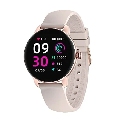 Abbildung von LUNIQUESHOP LSFIT SmartWatch für Frauen runde Armbanduhr mit personalisiertem Bildschirm,Musiksteuerung, Herzfrequenz, Schrittzähler, Blutsauerstoff, Kalorie, Fitnessuhr, Android iOs Rosa