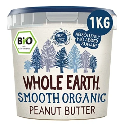 Abbildung von Whole Earth Bio Erdnussbutter Creamy Peanut Butter Vegan Naturprodukt ohne Palmöl zugesetzten Zucker Protein Perfekt für Sportler 1kg