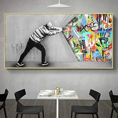Abbildung von XIANGPEIFBH Abstrakte Graffiti hinter dem Vorhang Street Art Malerei Leinwand Poster und Druckbild für Wohnzimmer Dekor Wandkunst 60x120cm Ungerahmt