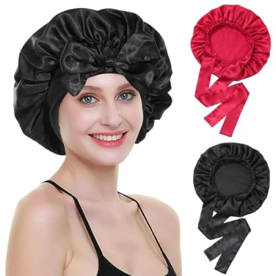 Abbildung von Coubeau Schlafmütze Satin Bonnet für Damen 2 Stück Schlafhaube Seide Verstellbare Haarhaube Atmungsaktive Silk und Mädchen