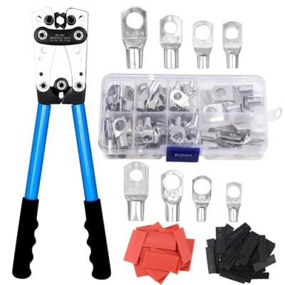 Abbildung von Batteriekabelschuh Crimpzange Groß Batteriekabel Set 101/0 AWG Kabelschuh Zange Kabelschuhe 6/10/16/25/35/50 mm² mit 8 Größen 60 PCS Kupferringklemmen +60 Schrumpfschläuche
