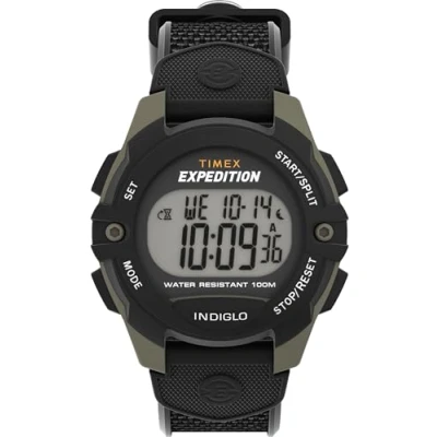 Abbildung von Timex Expedition Herren Armbanduhr, 41 mm, schwarzes, zweiteiliges Kunstharzarmband, digitales Zifferblatt, grünes Gehäuse TW4B28500