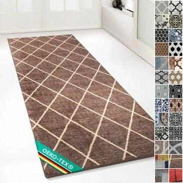 Abbildung von Floordirekt Teppichläufer mit Muster maßgefertigter Feinschlingen Teppich Läufer für Küche, Flur &amp; Wohnraum Ornament Vintage Orient Gitter (80 x 200 cm, Cosenza Braun)