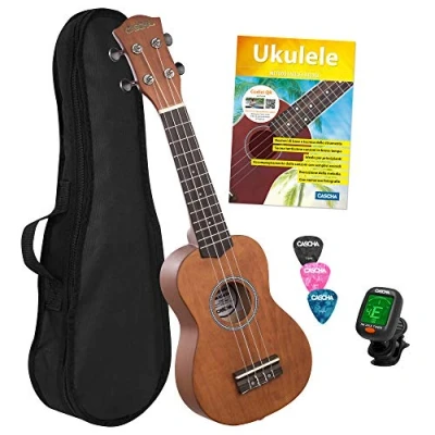 Abbildung von CASCHA Sopran Ukulele Set Italienisch für Kinder &amp; Erwachsene I Starter Kit mit 3 Plektren Tasche Lehrbuch Lernvideos über QR Code Stimmgerät Aquila Saiten Kleine Hawaii Gitarre Cappuccino, 0