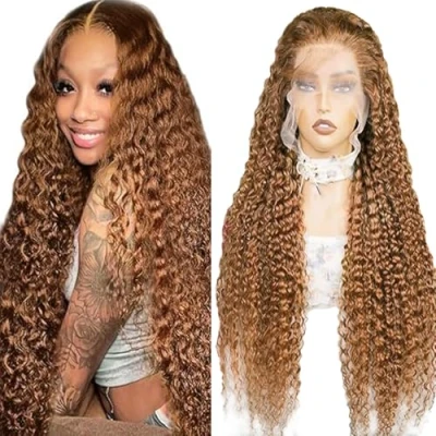 Abbildung von Lakaisa Curly Wig Perücke Echthaar Damen Human Hair Glueless Wear and Go Menschenhaar Perücken Brazilian Remy 13X1 HD Lace Brown Color 180% Density No Smell Tangle 20 Zoll