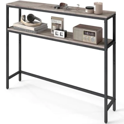 Abbildung von VASAGLE Konsolentisch, schmaler Sofatisch mit 2 Ablagen, 20 x 100 80 cm, Flurtisch, Ebenen, für Flur, Wohnzimmer, Schlafzimmer, Greige meliert tintenschwarz LNT131K02