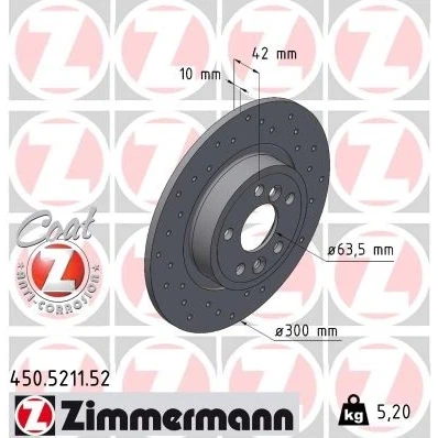Abbildung von ZIMMERMANN 450.5211.52 Bremsscheibe 300 10 6/5 5 108 voll, gelocht beschichtet JAGUAR: XF Sportbrake, E Pace, LAND ROVER: Discovery Sport