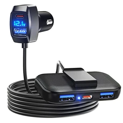 Abbildung von LENCENT 5 USB Ports Auto Ladegerät Zigarettenanzünder Netzadapter 31W(Max) 3 A &amp; 2 Typ C Anschlüße für Vorder und Rücksitz Passagier mit Verlängerung 1,5M Kabel