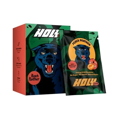 Abbildung von HOLY Energy Gaming Booster 10er Probier Box &#039;Peach Panther&#039; mit Pfirsich Geschmack Pulver 10 Portionen NewCaff &amp; Grüntee Extrakt Focus Drink Vegan 100% natürlichen Fruchtaromen