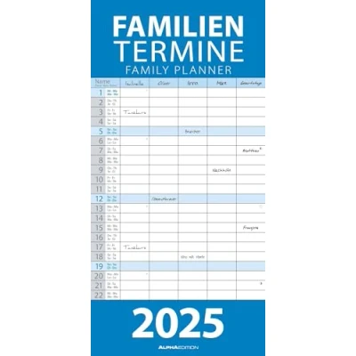 Abbildung von Alpha Edition Familienplaner Blau 2025, 22x45cm, Familienkalender mit 5 Spalten für Termine, Stundenpläne, Kalenderwochen, Ferientermine DE/AT/CH, internationales Kalendarium