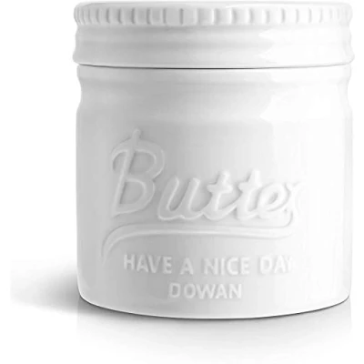 Abbildung von DOWAN Porzellan Butter Keeper Crock, Französische Butterdose mit Deckel, Buttertopf im Einmachglas Stil, Geprägter Butterbehälter für Frisch Aromatisierte Butter, Weiß