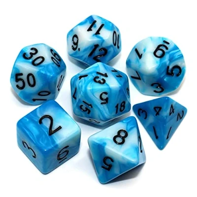 Abbildung von DND Würfel Set, polyedrisch, für Dungeon and Dragons, D&amp;D, COC, Rollenspiele, Tischspiele, 7 teilig, mit Würfelbeutel, Blau und Weiß