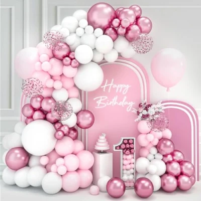 Abbildung von Rosa Luftballons Girlande, 102Stück Und Weiß Geburtstag mit Pink Luftballon Metallic Konfetti Luftballon, Pastellrosa Ballon Girlande für Geburtstagsdeko BabyParty Dekoration Hochzeit