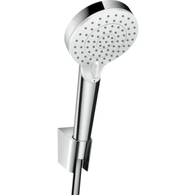 Abbildung von hansgrohe Crometta wassersparender Duschkopf inkl. Duschkopfhalter, 2 Strahlarten, Weiß/Chrom, Set mit Brauseschlauch 1,25m