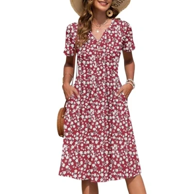 Abbildung von AUSELILY Damen Kurzarm Sommerkeider Knielange Sommer Kleider V Ausschnitt mit Knöpfen Empire Midikleid Taschen Kleine Rote Blumen XL
