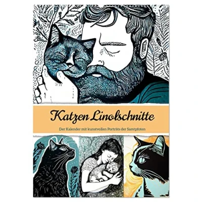 Abbildung von Katzen Linolschnitt der Kalender mit kunstvollen Porträts Samtpfoten (Wandkalender 2025 DIN A2 hoch), CALVENDO Monatskalender