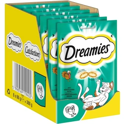Abbildung von DREAMIES Katzensnacks 6x60g mit Pute Traumhaft knusprige Katzen Leckerlies zarter Füllung