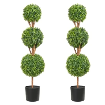 Abbildung von VEVOR Buchsbaumkugel künstlich 122cm hoch Garten Deko Buchsbaum im Blumentopf Kugel Buchskugel Kunstpflanze aus PE, Holz, PP inkl. 2 STK. Dekorative LED Leuchten und 10 Ersatzblätter