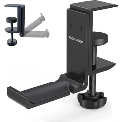 Abbildung von aceyoon Headset Halterung, Faltbar Ständer Tisch Aluminium Kopfhörer mit Kabel Organizer Headphone Haken für Gaming (Schwarz)