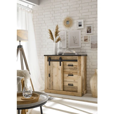 Abbildung von Home affaire Kommode &quot;SHERWOOD&quot;, Holz Dekor, mit Scheunentorbeschlag und Apothekergriffen, Breite 92 cm
