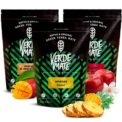 Abbildung von Fruchtiges Yerba Mate Set mit Früchten Verde Green Mango &amp; Maracuya, Ananas, Dragon Brasilianische grün Tee 3x500g