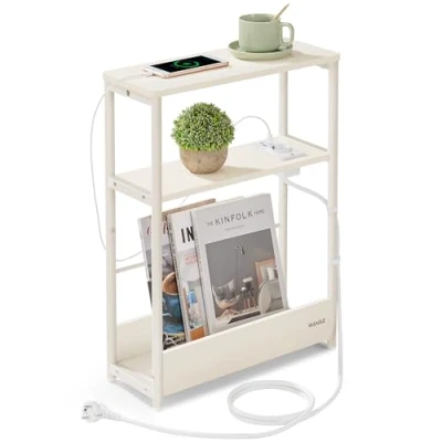 Abbildung von VASAGLE Beistelltisch schmal, Nachttisch mit Ladefunktion, Couchtisch klein, 3 Ablagen, Zeitschriftenhalter, für Wohnzimmer, Schlafzimmer, Arbeitszimmer, cremeweiß LET335W02