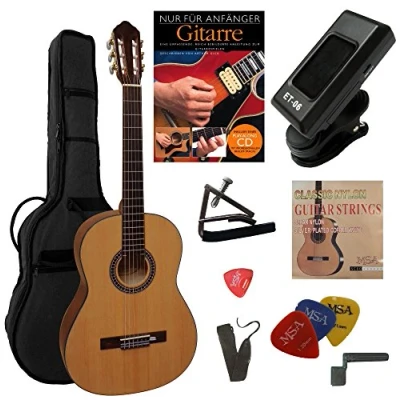 Abbildung von 4/4 GITARRE KONZERTGITARRE IM 10 TEILIGEN STARTERSET CLASSIC NATUR DECKE FICHTE FURNIERT TASCHE BAND STIMMGERÄT SCHULE CK115