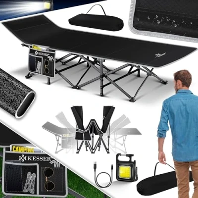 Abbildung von KESSER® Campingbett Feldbett Klappbar Klappbett Campingliege inkl. Tragetasche + Seitentasche 210 x 74 35cm bis 250kg Belastbar Metallrohr 600D Oxfordgewebe Stabiles Tragbar Liege Reise Bequem