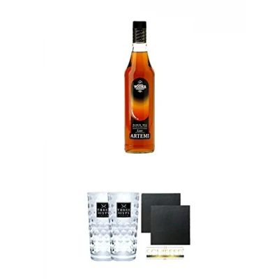 Abbildung von Vodka Caramelo (VODKA) Artemi 0,7 Liter 24% + Three Sixty Gläser 2 Stück Schiefer Glasuntersetzer eckig ca. 9,5 cm Ø