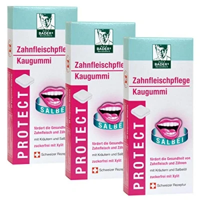 Abbildung von BADERs PROTECT Zahnfleischpflege Kaugummi aus der Apotheke. Mit Kräutern, Salbeiöl und Xylit. 3 x 20 Quadrate (3x20)