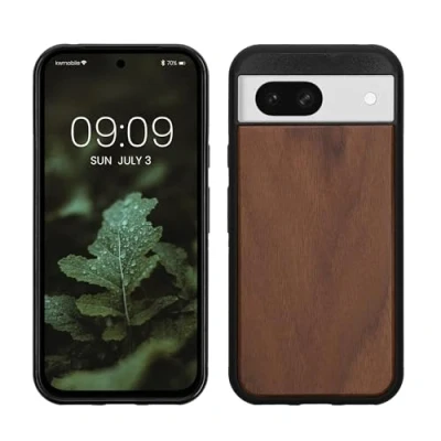 Abbildung von kwmobile Hülle kompatibel mit Google Pixel 8a Holz Case stoßfestes Handy Cover TPU Handyhülle in Braun