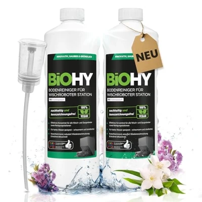 Abbildung von BiOHY Bodenreiniger für Wischroboter Station mit Frühlingsduft (2 x 1 liter) + Dosierer Reinigungsmittel Konzentrat alle Wisch &amp; Saugroboter Nass Funktion Schaumarm Streifenfrei