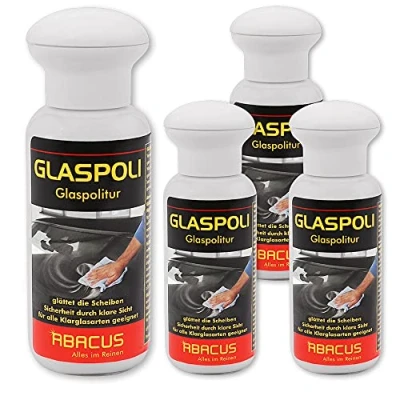 Abbildung von ABACUS® Glaspolitur 4 x 100 ml (7736.4) entfernt Scheibenversiegelungen, Baumharz, silikonhaltige Versiegelungen, Nanobeschichtungen auf Autoglasscheiben, Spiegeln, Glastische