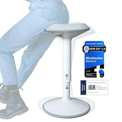 Abbildung von Backerz Ergonomischer Hocker Bürohocker mit 40 60 cm Höhenverstellung Sitz und Stehhocker wackelhocker Arbeitshocker für Zuhause im Büro Bezogen wasserabweisendem Stoff, Weiß
