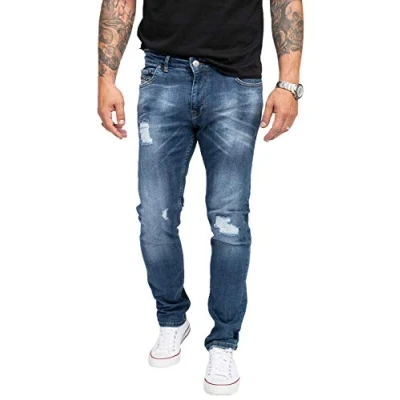 Abbildung von Indumentum Jeans Herren Slim Fit Hose Stretch Männer Hosen Herrenjeans Denim Herrenhose Mens Pant Stretchjeans Destroyed Look Blau IS 304 W34 L34