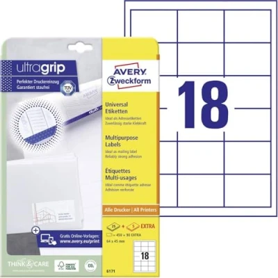 Abbildung von AVERY Zweckform 6171 Adressaufkleber (450 plus 90 Klebeetiketten extra, 64x45mm auf A4, Papier matt, bedruckbare Absenderetiketten, selbstklebende Adressetiketten mit ultragrip) 30 Blatt, weiß