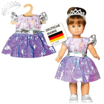 Abbildung von Puppen Kleid Fee und Einhorn mit Wendepailletten silberner Krone, Gr&ouml;&szlig;e 2...