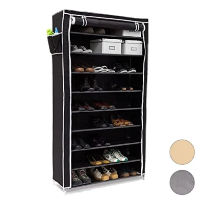 Abbildung von Relaxdays 1 x Schuhschrank Valentin, hohes Schuhregal mit Stoffbezug, 9 Ablagen, Stoffschrank, HBT 161 88 30 cm, schwarz