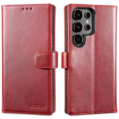 Abbildung von LENSUN Lederhülle für Samsung Galaxy S24 Ultra, Echtleder Hülle Klappbar [Kartenfach][RFID Schutz][Standfunktion] Handytasche Handyhülle Ultra 5G Weinrot
