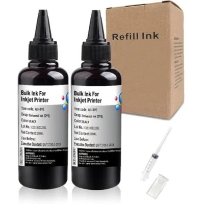 Abbildung von Hallosun 100ML x2 Schwarze Nachfülltinte Kompatibel für HP Canon Epson Brother Lexmark Printer mit nachfüllbaren Tintenpatronen CISS CIS System, 1 Spritze, Handschuh