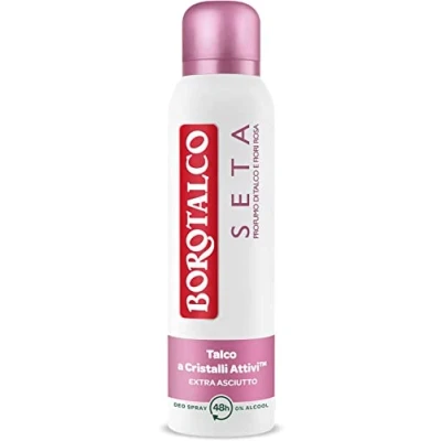 Abbildung von Borotalco, Deodorant Seide, alkoholfreie Formel und Talkum mit aktiven Kristallen, dreifacher Schutz, rosa Blumen, 48 Stunden Wirksamkeit 1 Flasche à 150 ml
