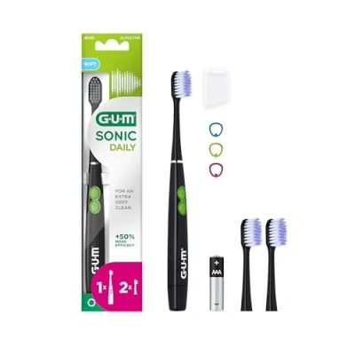 Abbildung von GUM SONIC DAILY batteriebetriebene elektrische Schallzahnbürste besonders Für unterwegs geeignet eine sanfte und gründliche Reinigung 1x Zahnbürste, 2x Ersatzbürstenköpfen, Batterie Schwarz