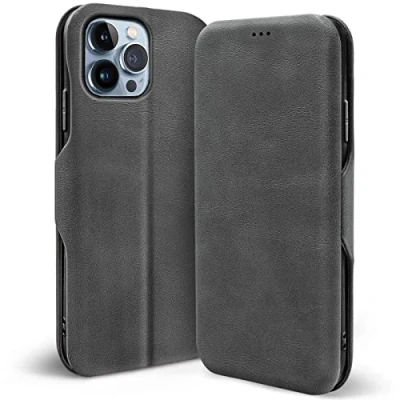 Abbildung von Verco Handyhülle für iPhone 13 Pro, Bookstyle Premium Handy Flip Cover Apple Pro Hülle [integr. Magnet] Book Case Tasche, Grau