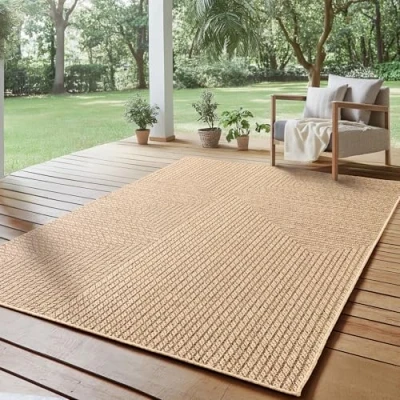 Abbildung von SIMPEX Indoor Outdoor Teppich Wetterfest pflegeleicht im natürlichen Jute Look, Sisal Wohnzimmer, Küche, Terrasse, Garten und Balkon, 120x170 cm