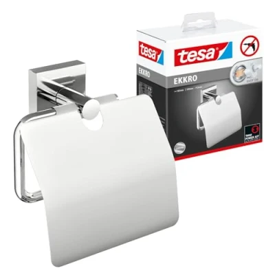 Abbildung von tesa EKKRO Toilettenpapierhalter mit Deckel, verchromt WC Rollenhalter zur Wandbefestigung ohne Bohren, inkl. Klebelösung 53 mm x 140 128